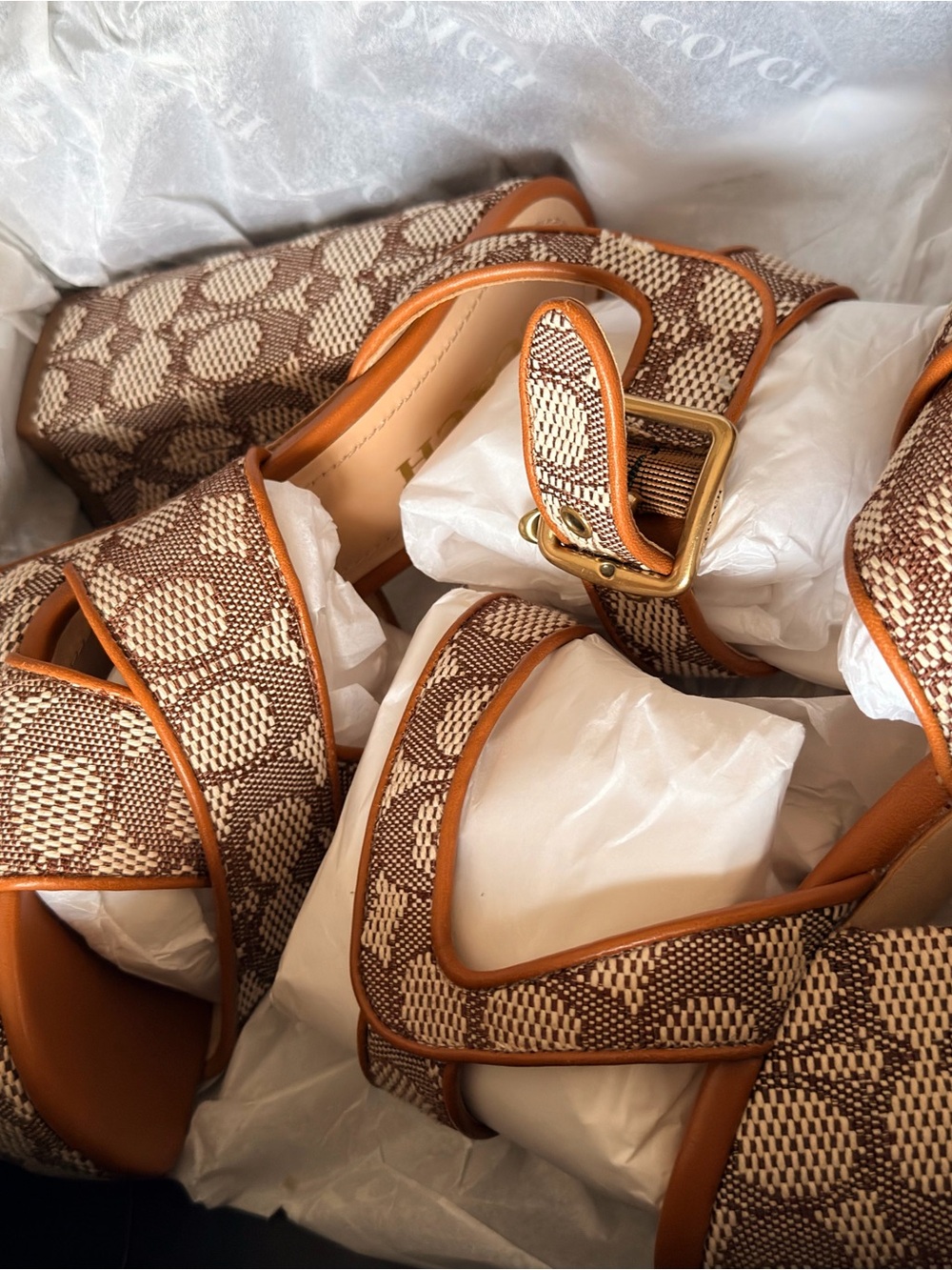Coach Brown & Cream Canvas Platform Sandals with Ankle Strap - Picture 8 of 10